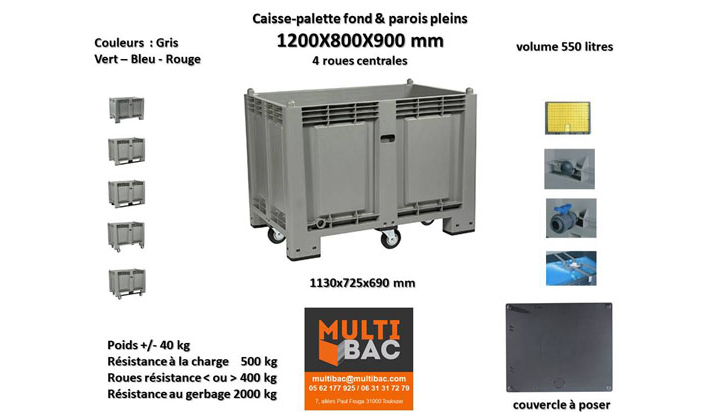 Caisse-palette 1200x800x850/900 mm avec roues Centrales pour charges Légères